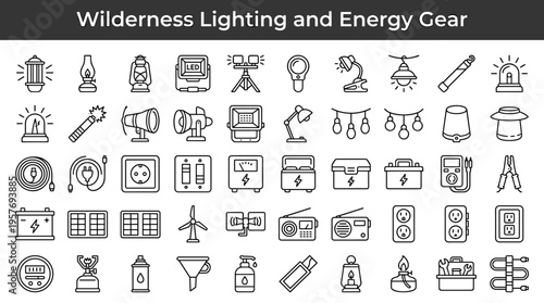 Collection of wilderness lighting and energy gear icons for outdoor activities and camping