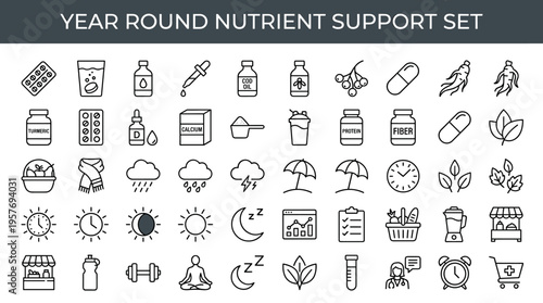 Year-round nutrient support icons for health and wellness, including supplements and lifestyle elements