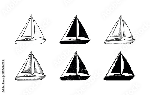 Collection of six sailboat illustrations in various artistic styles and resolutions