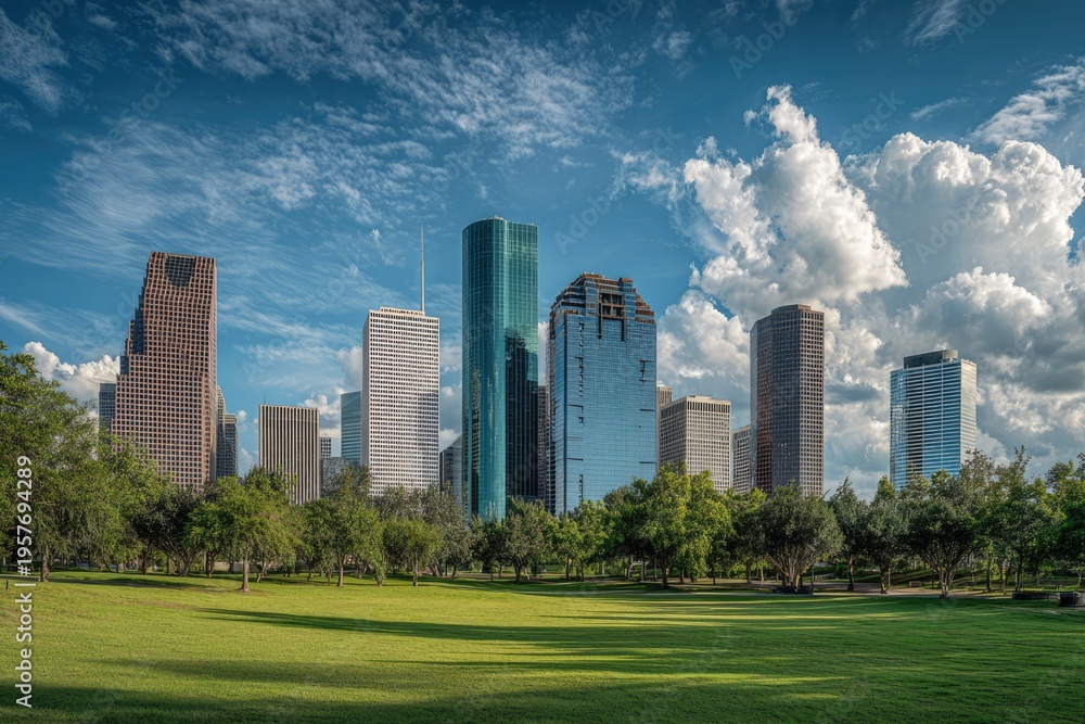 Fototapeta premium Houston Skyline Panorama - Green Park, Skyscrapers, and Cloudy Sky.