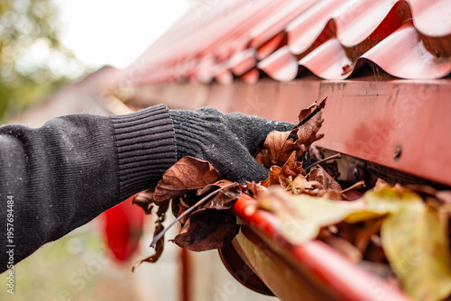 A hand in a glove pulls a bunch of dry leaves from a metal roof gutter. gutter cleaning, home repair, autumn maintenance. Autumn.