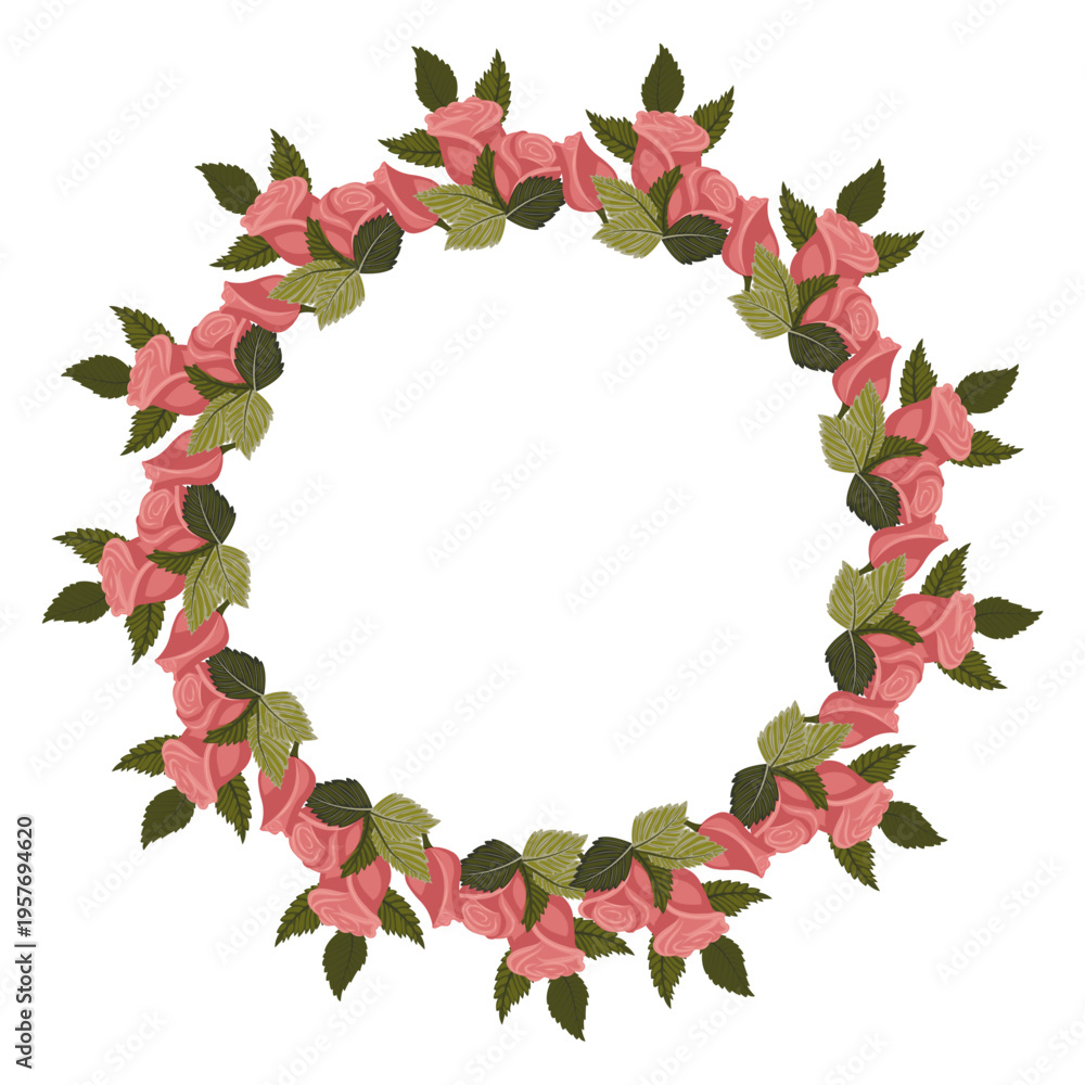 Fototapeta premium A wreath of elegant, lovely dusty pink roses, buds, and leaves for your design. Vector illustration isolated on a white background.