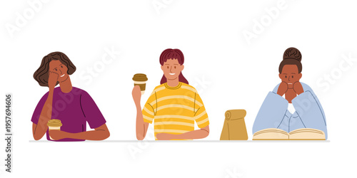 Three friends sit in cafe. Young girls friends on coffee break. Doodle vector illustration of school, education, friendship.