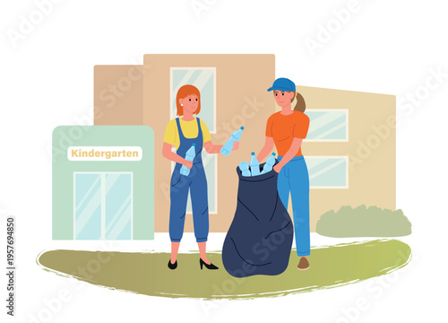 Kindergarten area cleanup. Two women collecting plastic trash into bag on lawn in front of kindergarten. Vector illustration.