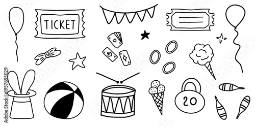 Hand drawn whimsical circus set with ticket, drum, balloons, cotton candy, ice, magic hat. Kids event, cirque performance, funny carnival, party design.