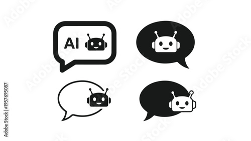 Four robot icons in speech bubbles with AI text on a white background in a flat graphic design.