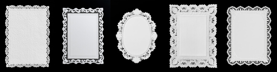 White lace paper doily with delicate elegant floral and scalloped frame rectangular border design  - laced up trending graphic heritage classic design set