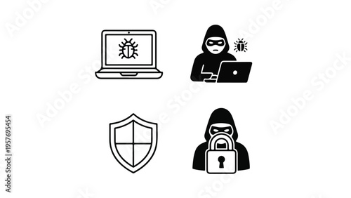 Flat lay of four black and white icons depicting cybersecurity concepts on a plain white background.