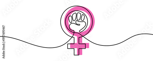 Feminism symbol in one line art style. Drawing of Venus sign with a clenched fist and editable black stroke