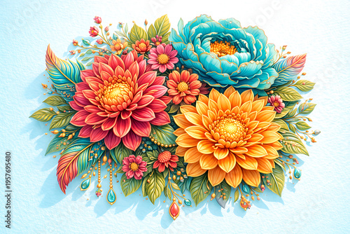 Colorful floral arrangement with intricate blossoms and leaves  