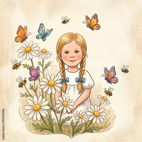 Young girl smiling surrounded by daisies and butterflies in spring  
