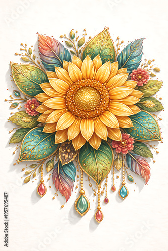 Vibrant sunflower with colorful leaves and decorative elements  
