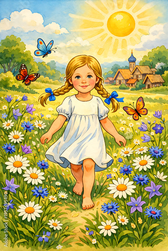 Young girl walking barefoot in flower field with butterflies and sun  