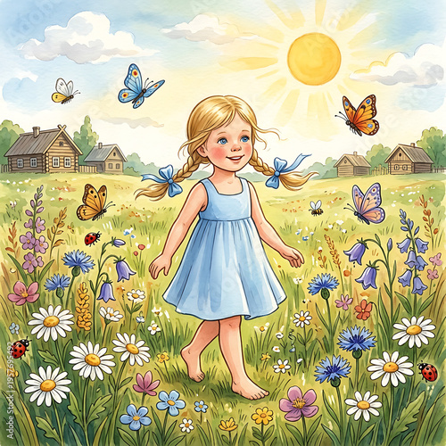 Young girl walking barefoot in a flower field on a sunny day  