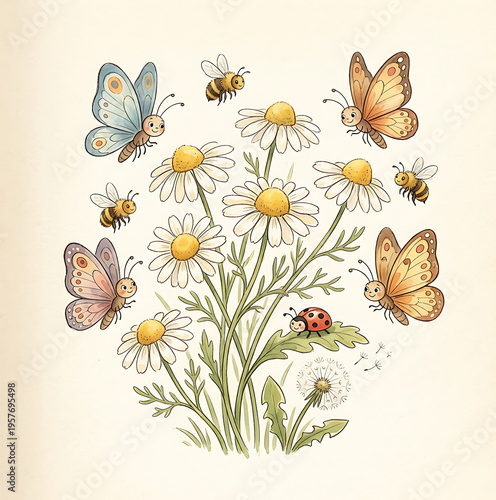 Butterflies and bees flying around daisies and a ladybug in garden  