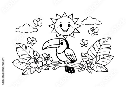 Toucan friend perched on a tropical tree branch with large leaves around, exotic flowers blooming nearby, butterflies fluttering