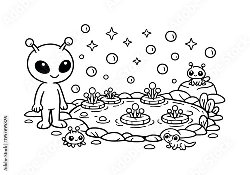 Alien buddy standing near a small alien pond with floating glowing plants, tiny alien creatures nearby, stars twinkling overhead