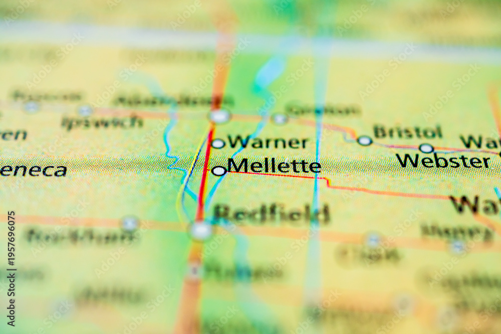 Obraz premium Close up road map of Mellette and Warner South Dakota for travel planning concept.