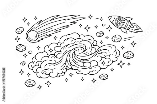 Comet ride streaking past a colorful nebula with swirling cosmic clouds, tiny asteroids floating nearby, twinkling stars and a