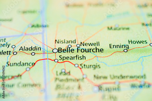 Tableau sur toile Belle Fourche South Dakota road map close up with nearby towns and highways for travel guidance