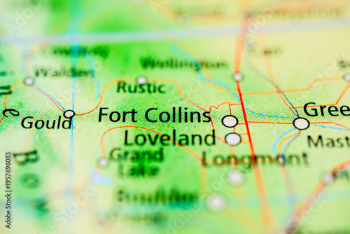 Fort Collins and Loveland Colorado road map detail highlighting northern Front Range transportation routes.