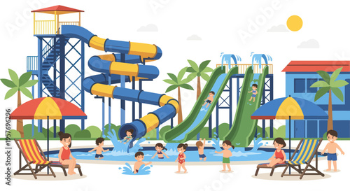 Happy Family Enjoying Water Slides and Pool at a Tropical Water Park Resort