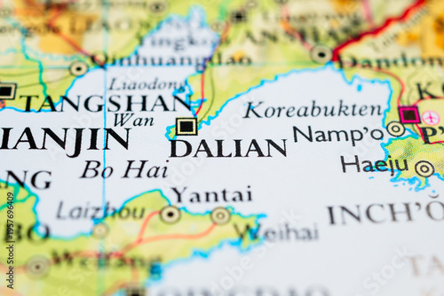 Close up map of Dalian and Bohai Sea region in northeastern China.
