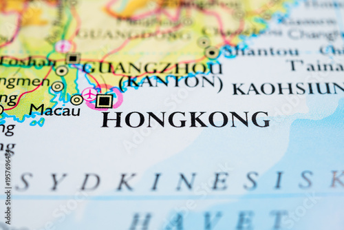 Photography Close up world map highlighting Hong Kong and Guangzhou region along the South China coast