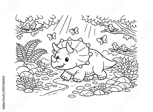 Triceratops pal walking along a jungle trail with ferns, flowers, and rocks, butterflies fluttering above, tiny birds perched
