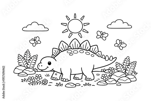 Stegosaurus buddy strolling through a sunny prehistoric meadow with ferns, flowers, and rocks around, butterflies fluttering