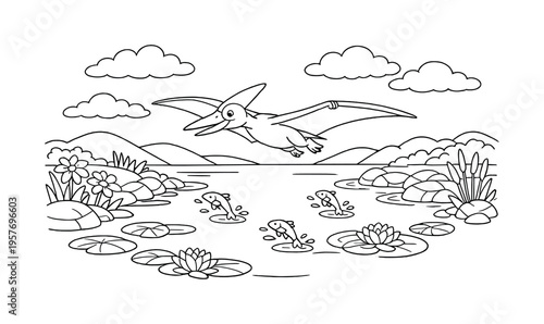 Pterodactyl Over River. Pterodactyl flyer gliding over a calm river with lily pads and rocks along the shore, small fish jumping,