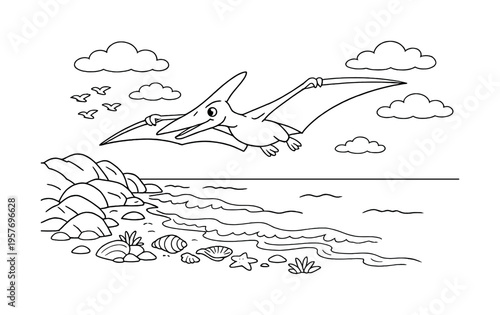 Pterodactyl flyer gliding over a rocky shoreline with gentle waves, seashells and small plants along the shore, tiny birds flying