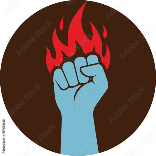 Raised fist with fire flames icon, symbol of protest, revolution, and power