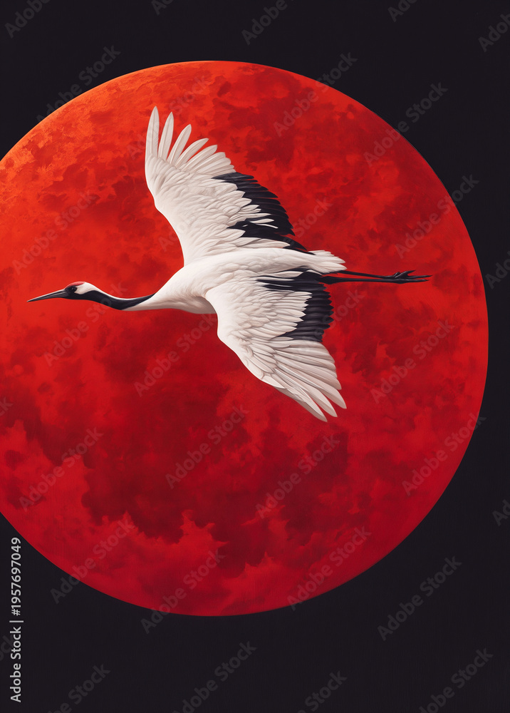 Fototapeta premium Graceful Crane Silhouette Against Mystical Red Night Sky - Beautiful Nature-Inspired Digital Illustration