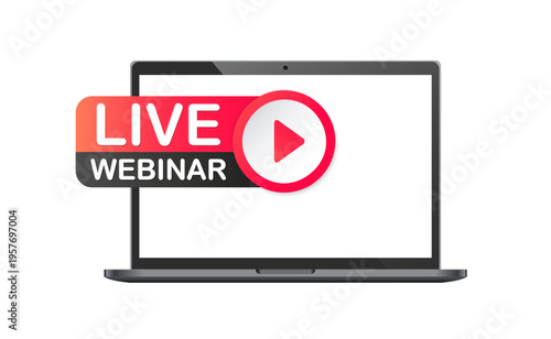 Laptop screen with live webinar banner and play button icon for online training, video streaming and virtual business conference