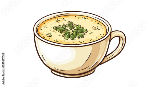 Creamy soup in a mug with parsley garnish, cartoon style illustration
