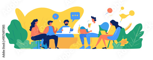 Diverse team collaborating on a project, discussing ideas and using laptops in a modern office setting