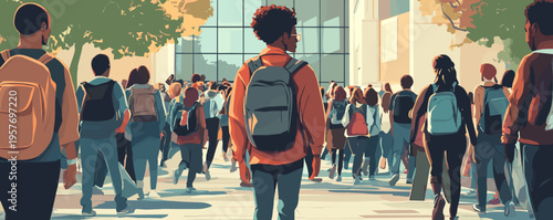 Diverse group of students walking together on a college campus during the day