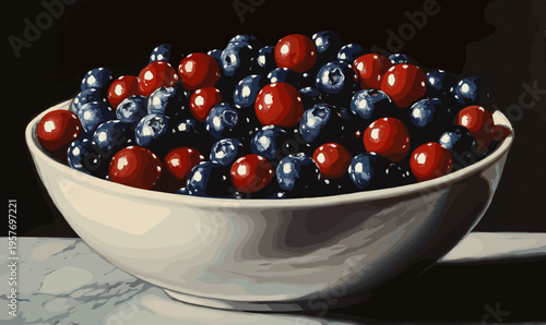 Still life painting of a white bowl filled with blueberries and cranberries on a marble surface