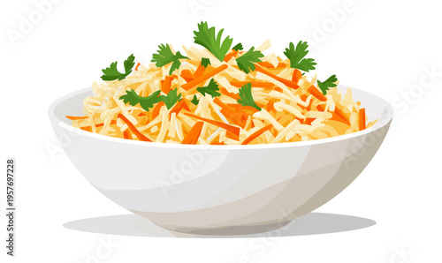 Freshly prepared coleslaw with shredded carrots and parsley in a white bowl