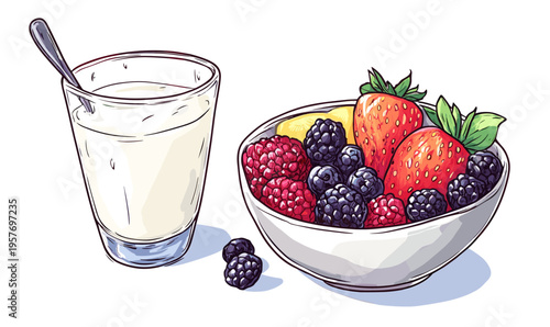 Healthy breakfast with fresh berries and yogurt in a glass with a spoon
