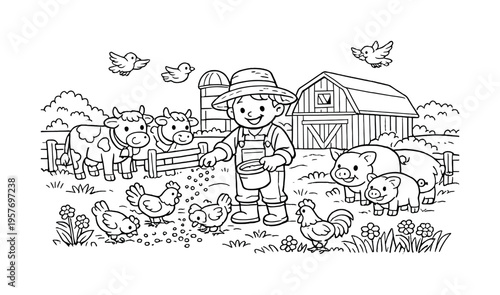 Farm morning with a cheerful farmer feeding chickens near a barn, flowers and grass growing around, friendly cows and pigs nearby