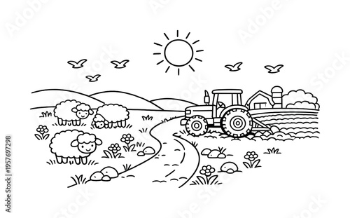 Farm morning with a tractor plowing a field, tiny flowers and rocks along the path, friendly sheep grazing nearby, birds flying