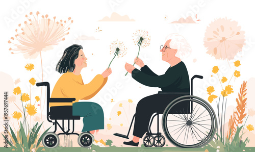 Two women in wheelchairs sharing dandelions in a field of flowers, symbolizing connection and hope