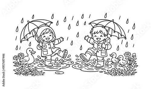 Rainy day with children jumping in puddles wearing rain boots and umbrellas, raindrops falling, friendly ducks nearby and flowers