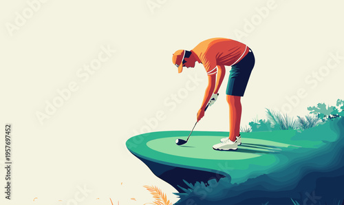 Golfer on the edge of a cliff preparing to putt on a green, abstract style