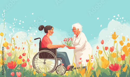 Elderly woman gives flowers to a young woman in a wheelchair in a field of flowers
