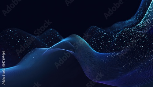 Abstract Blue Wave Background with Glowing Particles and Dark Backdrop.