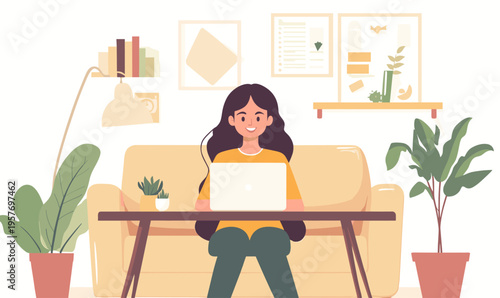 Young woman working on laptop from home, sitting comfortably on a sofa in a cozy living room