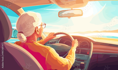 Elderly woman driving a car on a sunny day with a scenic landscape outside